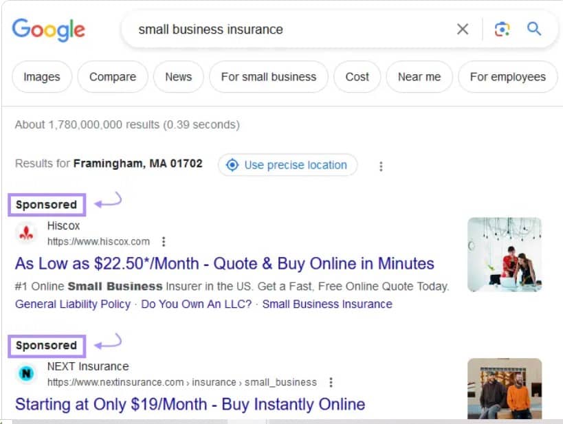 search ads or text ad placements