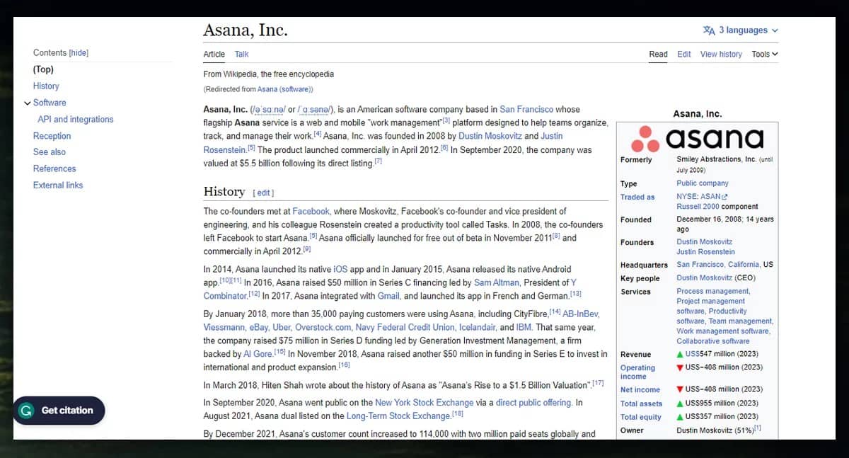 Asana Wikipedia page