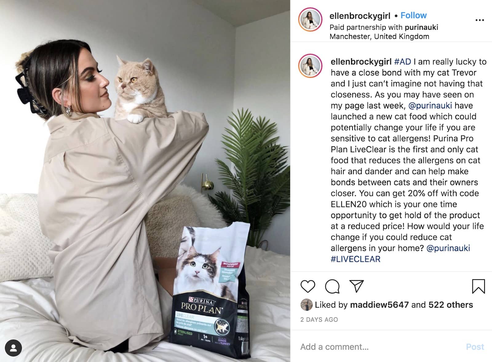 cat owner Ellen Brockbank teamed up with Purina and recommended their pet food to her Instagram followers